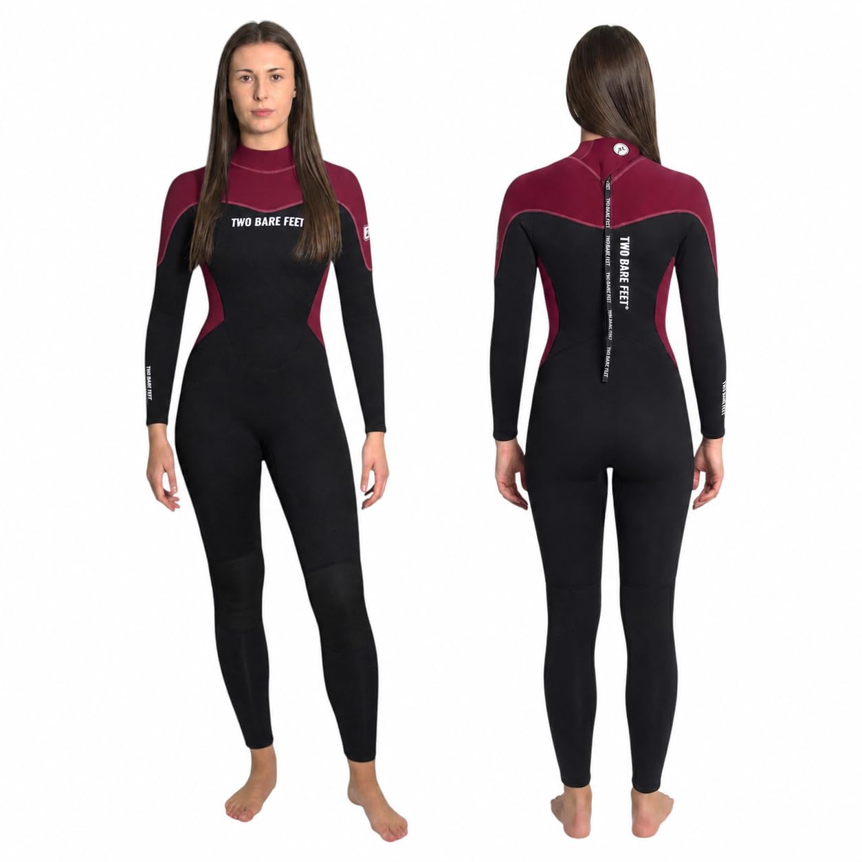 Two Bare Feet Women’s 3/2mm SupaFlex Full Length Summer Wetsuit – Superstretch Neoprene Back Zip for Surfing, Paddleboarding & Open Water Swimming (Black/Burgundy, L)