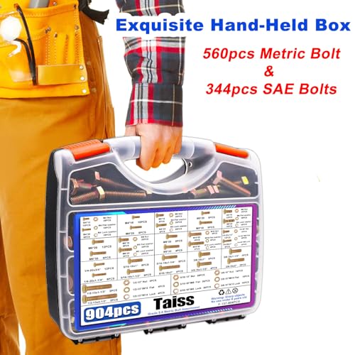 Image of Taiss 904pcs Grade 8.8 Metric Bolt Assortment & SAE Nuts and Bolts Assortment Kit,M4 M5 M6 M8 M10 1 /4-20,5 /16-18,3 /8-16 1 /2-13(12-60mm) Heavy Duty Hex Bolt Washer Yellow Zinc Plated,with Handheld Box