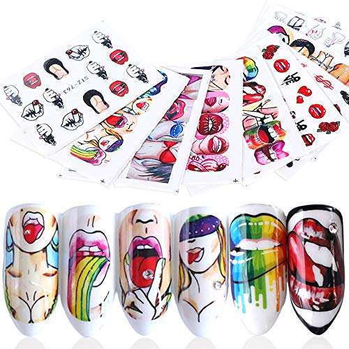 BFY Nail Stickers Nail Art Accessories Decals for Women Sexy Lips Cool Girl Rose Nail Art Stickers Manicure Water Transfer Nail Applique Tip Charms Accessories (9Pcs)