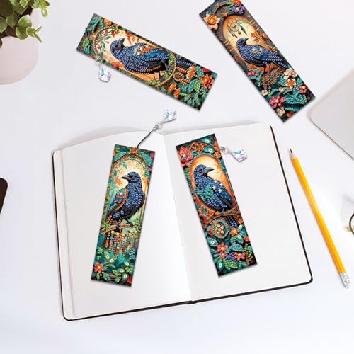 Image of 4-Piece Diamond Painting Bookmarks Set for Adults - DIY 5D Rhinestone Art Bookmarks with Tassels, Crow Design Diamond Art Bookmarks for Crafts and Gifts, Ideal Gift for Book Lovers