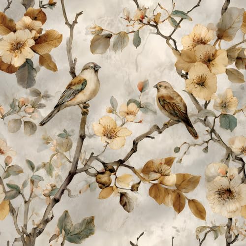 HelloWall 17.5x393 Chinoiserie Peel and Stick Wallpaper Botanical Bird Wallpaper Vintage Floral Cream Beige Earthy Tone Neutral Taupe Brown Decorative Contact Paper Self Adhesive Nature Birds Plants