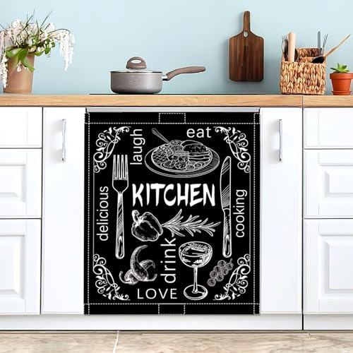 Image of Black Dishwasher Magnet Cover, 23x26 in Summer Decor Dishwasher Magnet Covers Kitchen Decoration Dish Washer Magnets Sticker Funny Fridge Magnets Panel Decal Magnetic Covers