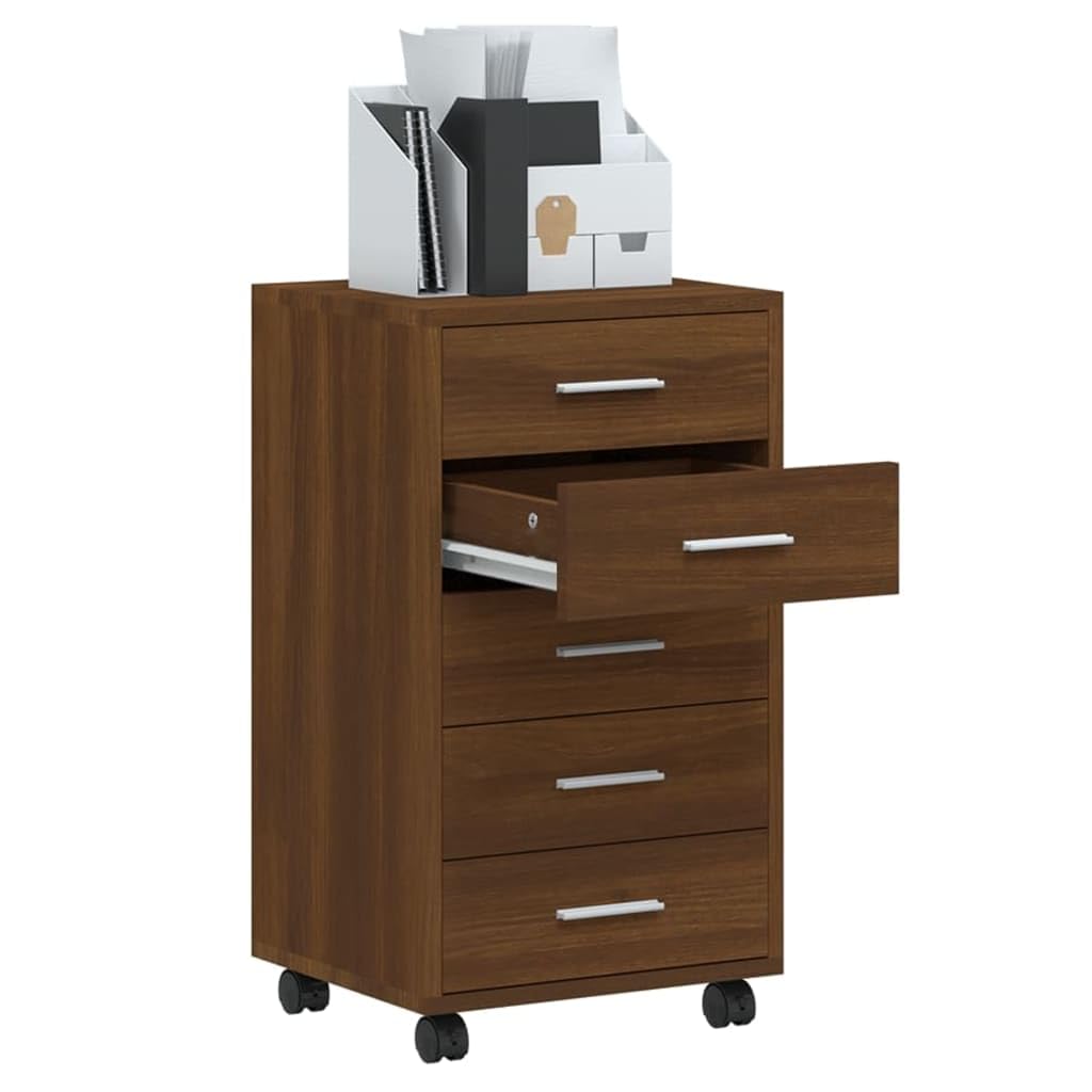 Cómoda con ruedas en aspecto de roble marrón, 33 x 38 x 63 cm, material de madera con 5 cajones y 4 ruedas, armario de oficina flexible, práctico armario de almacenamiento para oficina