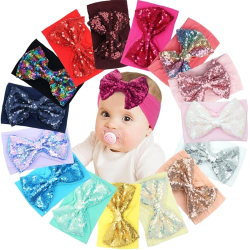 Image of CÉLLOT Baby Girls Headbands Glitter Fesival 5 Inch Hair Bows Headbands for Newborn Infant Toddler Photographic Set of 15