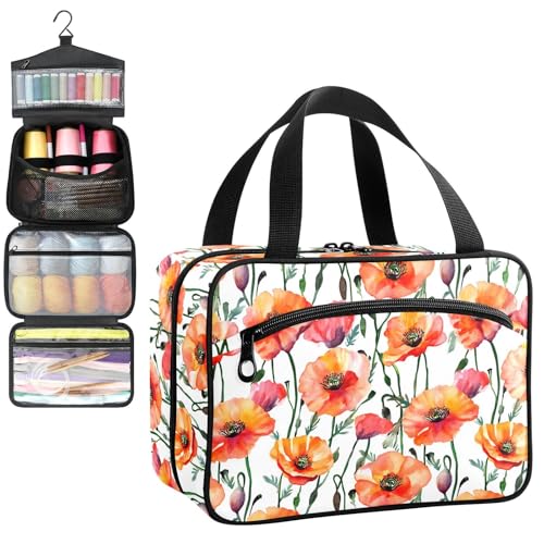 YNNALE Sewing Supply Organizer Bag, Red and Yellow Poppy Flowers Portable Sewing Bags with Pockets&Hanger, Sewing Storage Box Case for Sew Supplies/Kit/Tools/Accessories (BAG ONLY)