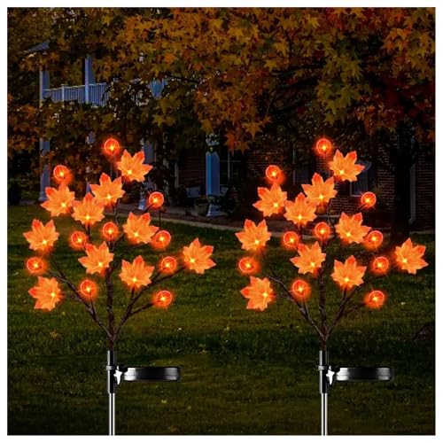 2 Pack 40LED Solar Outdoor Maple Leaf Lights for Fall Decor-3D Maple Pumpkin Thanksgiving Lights with 2 Modes | Waterproof Solar Garden Lights for Yard Pathway Halloween Christmas Decorations