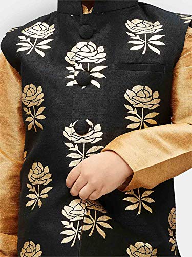 BHCraftss Boys' Silk Blend Nehru Jacket || Banarasi Brocade Woven Jacquard Modi/Nehru Jacket || Ethnic Wear for Festivals, Weddings - Black and Gold (4 Years - 5 Years)4