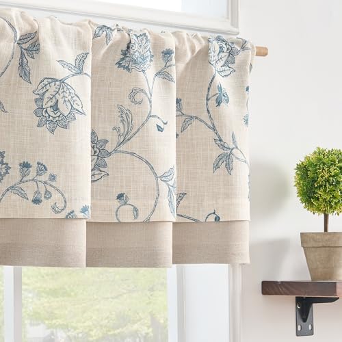 jinchan Linen Blend Rustic Floral Valance Double Layer Light Filtering Valance 18 Inch Cottagecore...