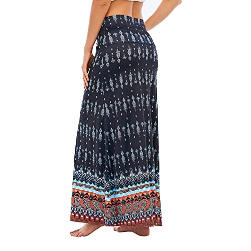 Image of Zando Long Skirts for Women Casual High Waisted Maxi Skirt Trendy Dresses Workout Stretchy Flared Black Skirt for Girls, Blue Orange Floral, Large