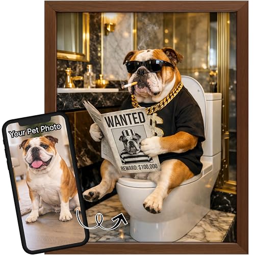 Personalized Funny Pet Bathroom Wall Art – Luxury Bling Custom Cat or Dog Portrait from Your Photo, Reading Newspaper on Toilet, Gold Chain Sunglasses Poster Print, Unique Gift for Pet Lovers Spa Bath