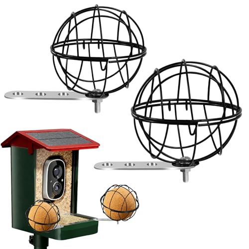 Metal Suet Ball Holder, Black Bird Suet Ball Cage Durable Bird Feeder Accessories with 5mm Screw Hole and 2PCS Perch Extender Compatible with Outdoor Smart Feeders (2 PCS-Dia 3.15\", Dia 2.75\")