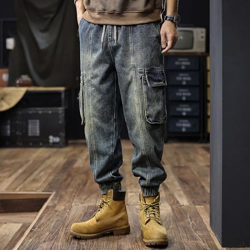 Cargo Jeans for Men Loose Fit Vintage Denim Jogger Blue Pants Streetwear Multi Pocket Work Pants2