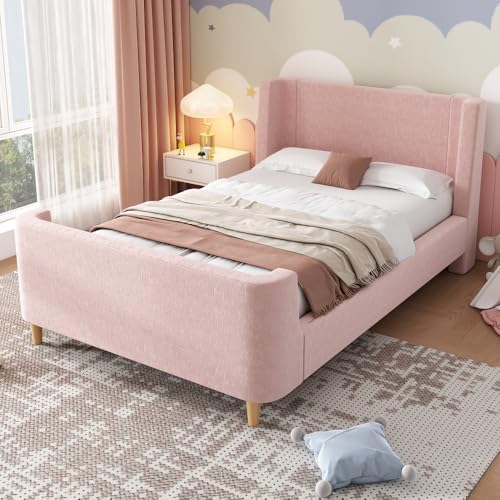 OCACA Cama tapizada para niños, cama individual trineo con patrón cósmico, 90 x 200 cm, para niños y niñas, terciopelo (sin colchón) (rosa)