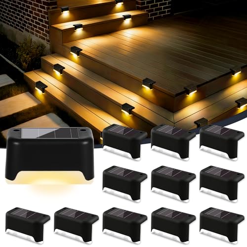Solpex Solarleuchten für außen 12 Stück Schwarz LED Solarleuchte Garten Wasserdicht LED Beleuchtung für Außentreppe Treppenlicht Stufen Zaun Hof Terrasse Weg Dekoration(Warmweiß)