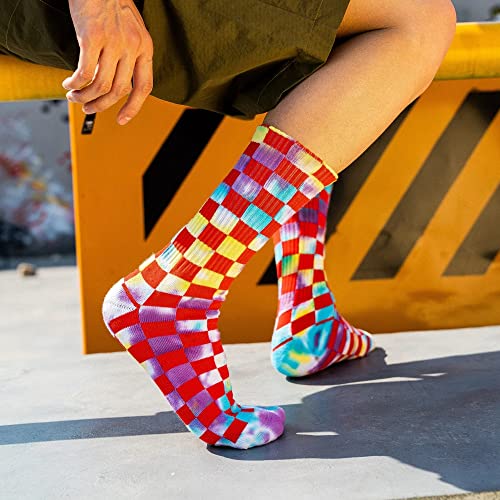 Novelty Tie Dye Grid Skateboard Casual Crew Socks Unisex4