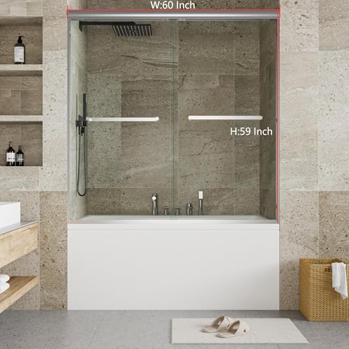 Image of 56 inch-60 inchW x 59 inch H Double Sliding Shower Door - Semi-Frameless Bypass Bathroom Door with 1 /4 inch Tempered Glass,Brushed Nickel Finish for Walk-in Shower