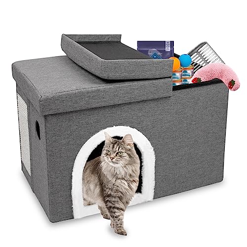 CAROLMADE Cat Beds for Indoor Cats, Collapsible Cat House with Storage Space & Scratch Pad Cat Cave for Small Pet Under 20 Lbs