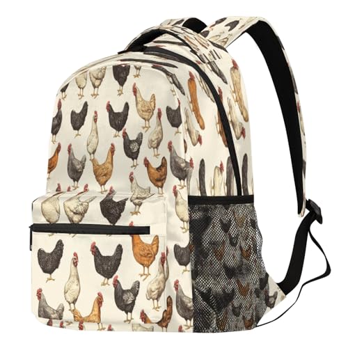 Grand sac à dos décontracté avec imprimé poules pour lycée et loisirs