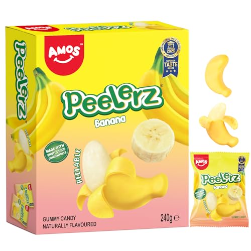AMOS Peelerz Gummy Sweets Banana Peelable Easter Sweets Candy Gift 3D Fun Peeling Fruit Gums Candy Real Fruit Juice Made Chews Snacks Sweet for Party Celebration- Box Package 240G