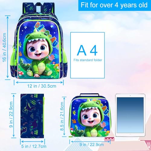 Image of WZLVO 3PCS Dinosaur Bookbag for Boys, 16 inch Cool UV Printing Kids Backpack /School Bag with Lunch Box & Pencil Bag for Preschool to Elementary - Boy Wearing Dinosaur Costume