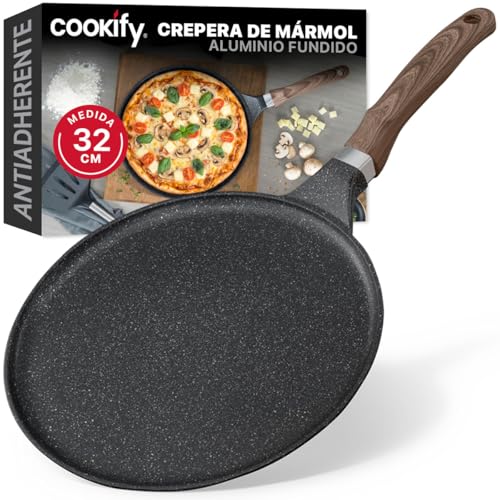 Opiniones de Sartenes para crepes comprados en linea. 50 Cookify Crepera con Revestimiento Antiadherente de Mármol, Comal de Cocina 100% Libre de PFOA (Negro, 32 cm)