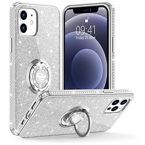 OCYCLONE iPhone 12/12 Pro Case, Glitter Diamond Kickstand Phone Cover with Ring for Girls Women Bling Case for Apple iPhone 12 6.1 inch - Silver Cover