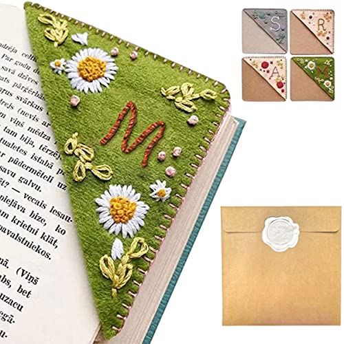 Personalized Hand Embroidered Corner Bookmark, 26 Letters Hand Stitched Felt Corner Letter Bookmark, Cute Flower Embroidery Bookmarks for Book Reading Lovers Meaningful Gift (Summer,M