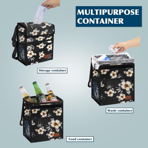 Image of Femuar Leak Proof Car Trash Can with Lid, Collapsible Hanging Waterproof Car Trash Bag with Mesh Pocket for SUV Front Seat Headrest, Hibiscus Flower