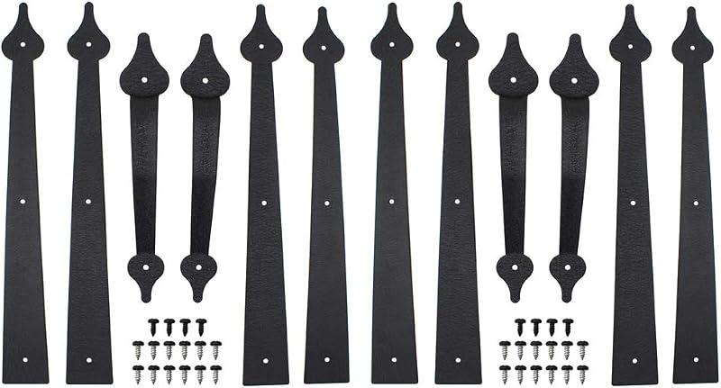 WINSOON Decorative Metal Garage Door Hardware Screw in, Black Steel, 2 Sets | Maintenance not needed, Fits most doors, Rustproof, Carriage House Accents Dummy Hinges Handles Barn Gate Garage Decor
