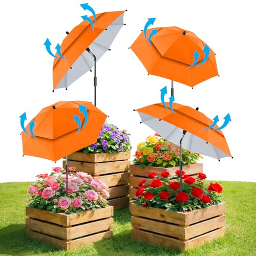 NBtoUS 4 Pack 24.9 Double Canopy 47.2 Height Plant Umbrellas for Outdoor Plants 3D Stakes 360 Adjustable Plant Shades for Outdoor Plants Garden Patio Fame Balcony Terrace(Orange)