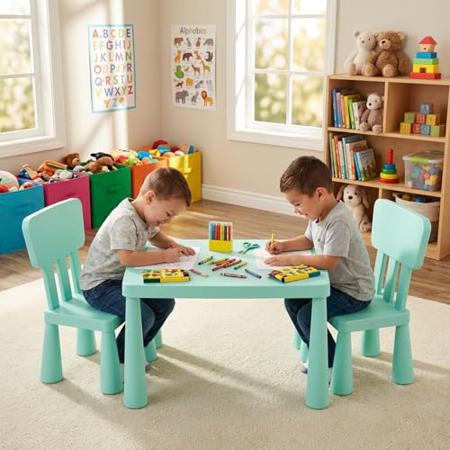 Image of Costzon Kids Table and Chairs, 3 PCS Plastic Toddler Table Set (Green)