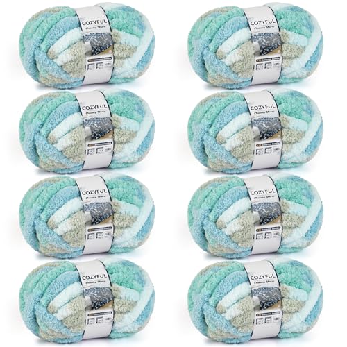 Image of Cozyful Chunky Yarn for Hand Knitting - #10 Chunky Chenille Blanket Yarn, Jumbo Big Thick Chunky Yarns for Crocheting, Tie Dye Bulky Knit Yarns, 8 Skein (20 yds 8 oz Each Skein), Khaki & Teal & Blue