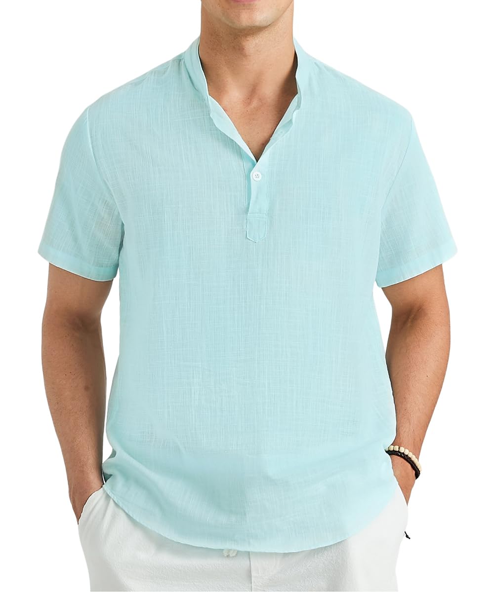 Enlision Camisa Lino Hombre Manga Corta Sin Cuello Camisas Casual para Hombres Informal Verano Henley Color Sólido Camisetas con Botónes Tops S-4XL