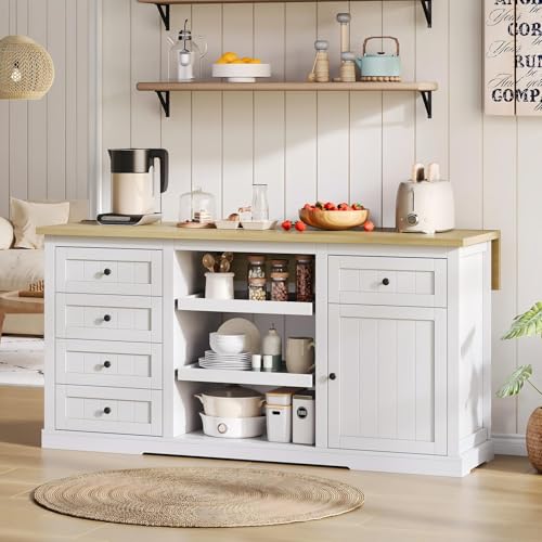 Yihomfy Îlot de Cuisine Mobile avec Tablette Escamotable, 5 Tiroirs et Prises Intégrées, Ilot Central Cuisine Meuble de Rangement Multifonction Blanc,...