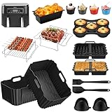 【Set completo di accessori】: il set di accessori per friggitrice ad aria calda contiene: 2 stampi in silicone Airfryer per isolare gli airfryer dai cibi, 5 spiedini e 2 griglie per grigliare deliziosi piatti, 4 torte in silicone, 2 ciambelle, 1 stampo per il pane per preparare deliziosi snack, e un aiuto per la cottura: 1 spatola in silicone, 1 silicone - Pennello da forno e un Coppia di guanti in silicone spessi per sicurezza e protezione dalle scottature