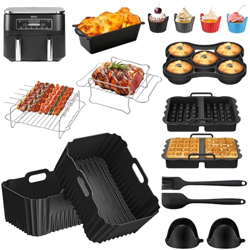 【Set completo di accessori】: il set di accessori per friggitrice ad aria calda contiene: 2 stampi in silicone Airfryer per isolare gli airfryer dai cibi, 5 spiedini e 2 griglie per grigliare deliziosi piatti, 4 torte in silicone, 2 ciambelle, 1 stampo per il pane per preparare deliziosi snack, e un aiuto per la cottura: 1 spatola in silicone, 1 silicone - Pennello da forno e un Coppia di guanti in silicone spessi per sicurezza e protezione dalle scottature