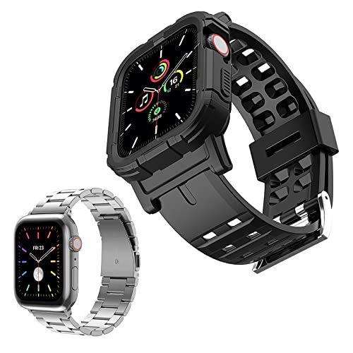 BINLUN Compatible avec Apple Watch Bracelet 38mm 40mm 41mm 42mm 44mm 45mm 2Pcs Double Trous Bande de Montre en TPU avec Coque Bracelet en Acier Inoxydable Set pour iWatch Series 7/6/5/4/3/2/1/SE Cover