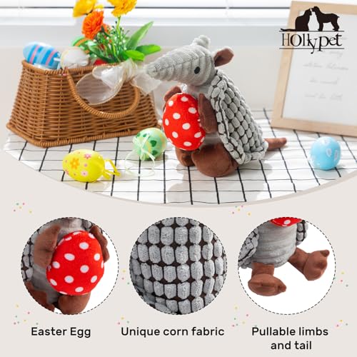 Image of Hollypet Plush Dog Squeaky Toy Stuffed Armadillo Animal Pet Puppy Chew Toys with Clean Teeth for Small Medium Large All Breed Sizes Dogs, Gray, 8 in, Red Eggs with White Dots