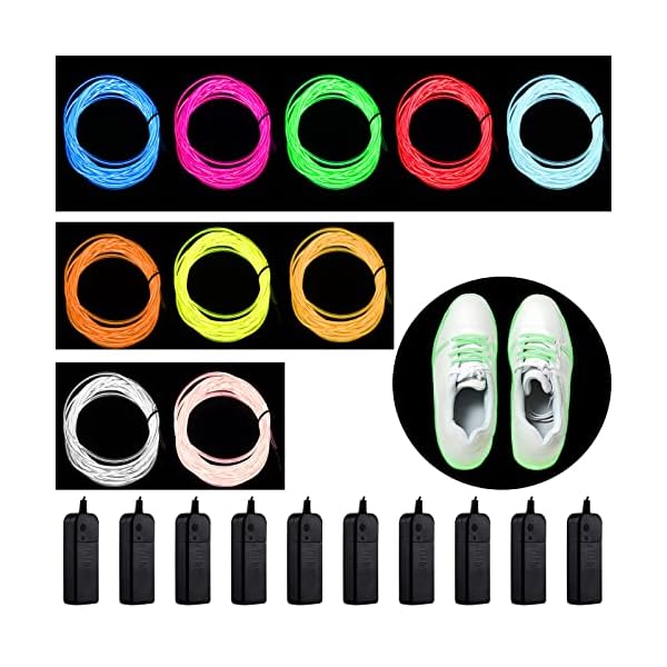 10 pack el wire 9. 8 ft led wire lights with battery pack portable neon lights cuttable glowing strobing electroluminescent light battery powered led lights glow in the dark for party, diy decoration