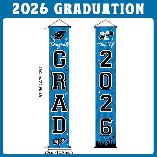 Image of Graduation Banner 2026 Graduation Decorations Blue and Black Grad Banner Porch Sign Class of 2026 Door Decor Congrats Hanging Backdrop Blue Grad Party Decor for School Congratulations Supplies