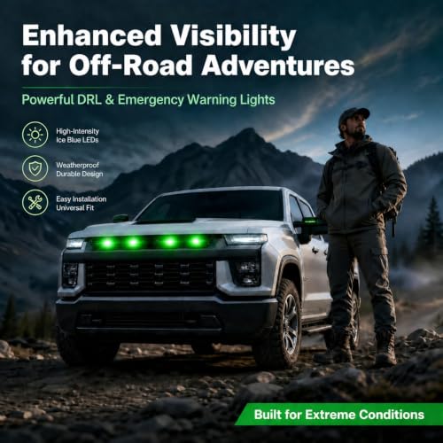 Image of Car Front Grill Set of 4 Pcs Universal Smoked Shell Style DRL Emergency Warning Off-Roading Lights (4 X 4) for All Cars, Vans, SUV, Trucks (Green)