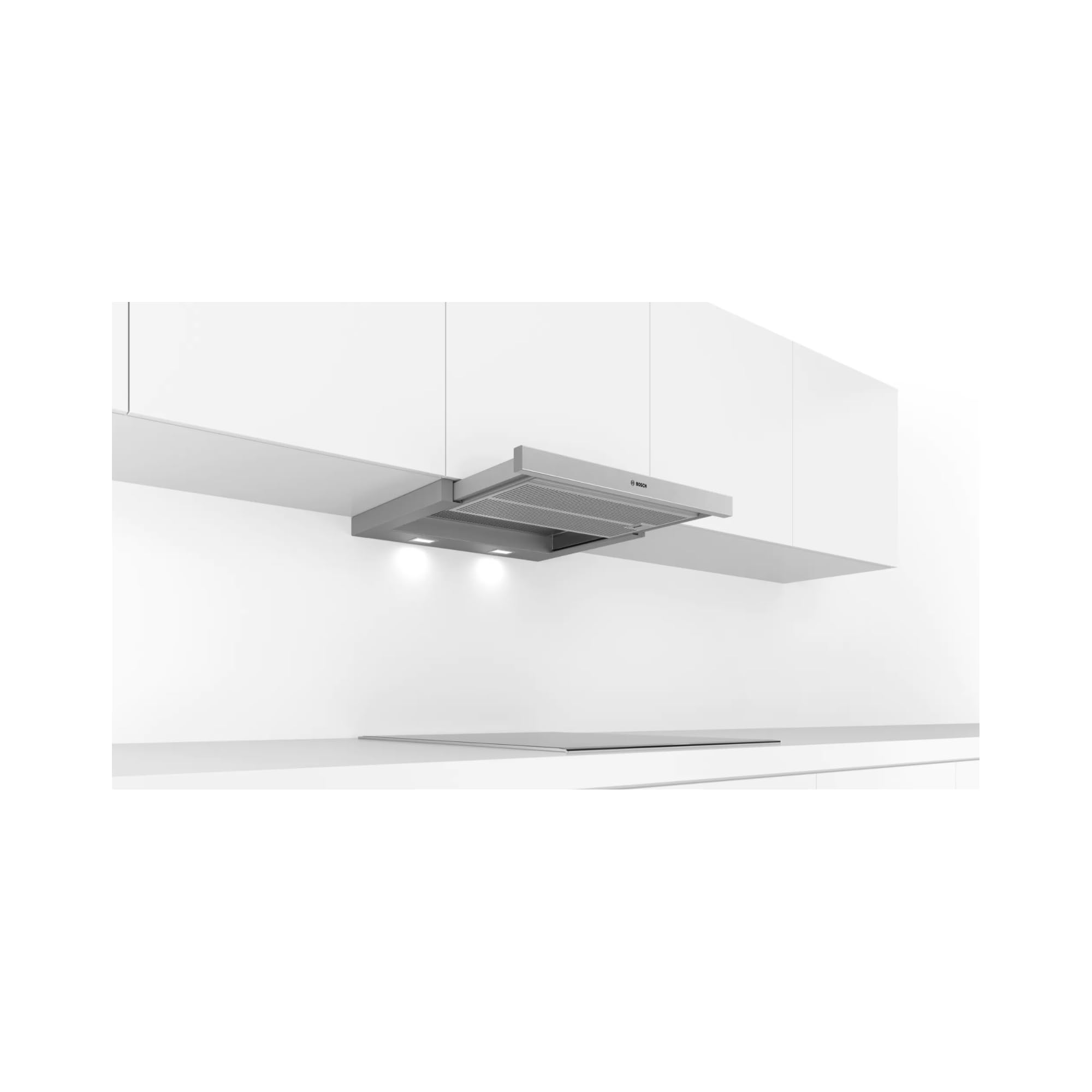 Bosch DFR067A52 - Copertura per schermo piatto serie 4, 60 cm di larghezza, aria di trascinamento e di scarico, prodotto in Germania, EcoSilence Drive, motore silenzioso ed efficiente, illuminazione a