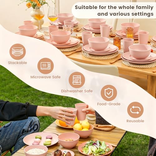 Image of Homienly 40 PCS Premium Wheat Straw Dinnerware Sets, Unbreakable Dishes Set for Party, Resuable Plates Set,Service for 8,Microwave and Dishwasher Safe Cups and Bowls Set for Camping, RV(Pink)
