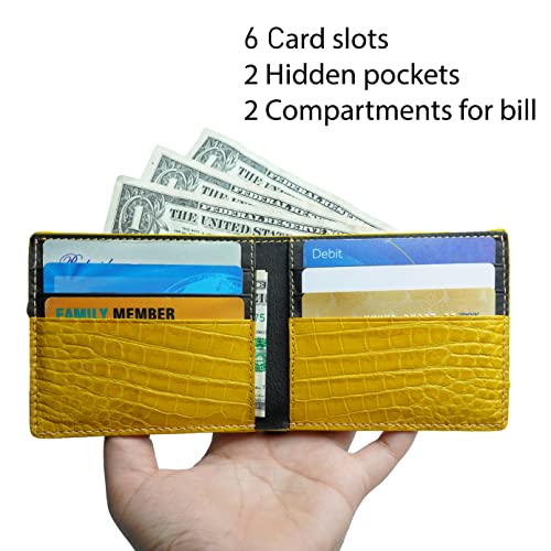 Image of HATA Yellow Black Bifold Wallet for Men, Men Exotic Billfold with Mixed Leather Interior, RFID Blocking Card Holder, Handmade Gift for Birthday, Anniversary, Father's Day VIMIX-91