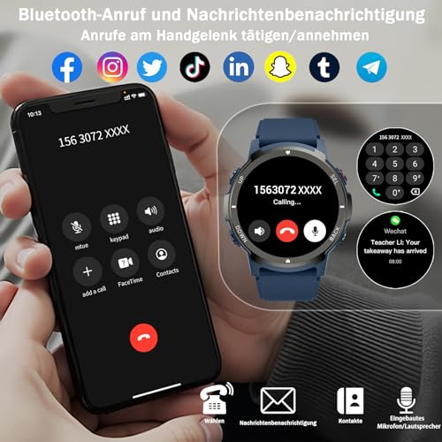 Smartwatch Herren mit Telefonfunktion, 1,43 Zoll Militär Smart Watch mit 24/7 Herzfrequenz/Schlafüberwachung/SpO2/Schrittzähler, 120+ Sportmodi Wasserdicht Fitnessuhr für Android iOS – Bild 3
