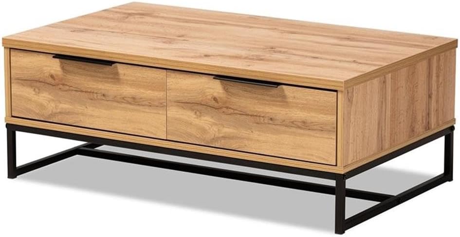BOWERY HILL 2-Drawer Coffee Table, 39.4" W x 23.6" D x 14.8" H, Engineered Wood and Metal, Oak Brown Finish, Black Legs, Open Shelf, Modern Style Living Room Furniture
