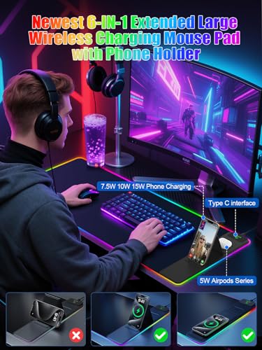 Image of Mouse Pad with Foldable Phone Holder & Wireless Charger, XXL RGB Gaming Mousepad 31.5 inchx15.8 inch Large Desk Mat for Keyboard, Black Desk Pad with Dual Qi Charging Station | 11 Colors 5 Modes | Waterproof