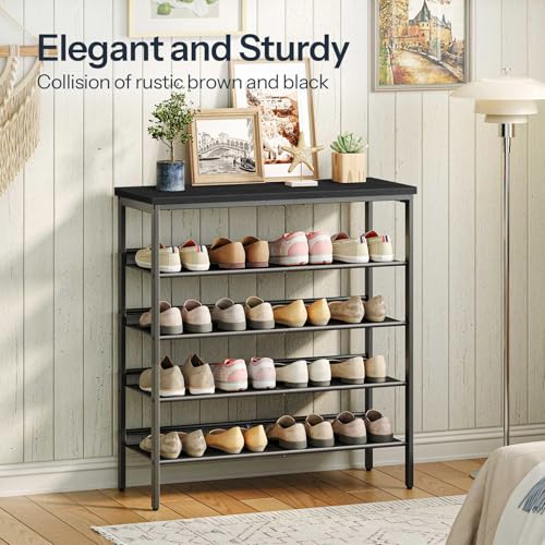 Image of HOOBRO Shoe Rack for Entryway, 5-Tier Shoe Organizer with Adjustable Mesh Shelves, 12-16 Pairs of Shoes, Spacious Floor Mount, Metal, Industrial, Shoe Shelf for Closet, Black BB12XJ01