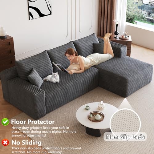 Image of 95 inch Modular Sectional Sofa, Modern Corduroy Cloud Couch with Side Pockets, Boneless Couch Upholstered 3-Seater L-Shaped Sofa for Living Room, No Assembly Required (Dark Gray,Right-Facing Chaise)