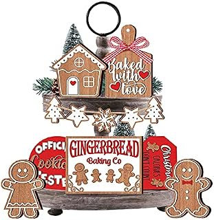 RENXR 12Pcs Christmas Tiered Tray Decorations Set, Winter Gingerbread Man Theme Wooden Tabletop Signs, Farmhouse Xmas Tiered Tray Decor for Home Kitchen Party